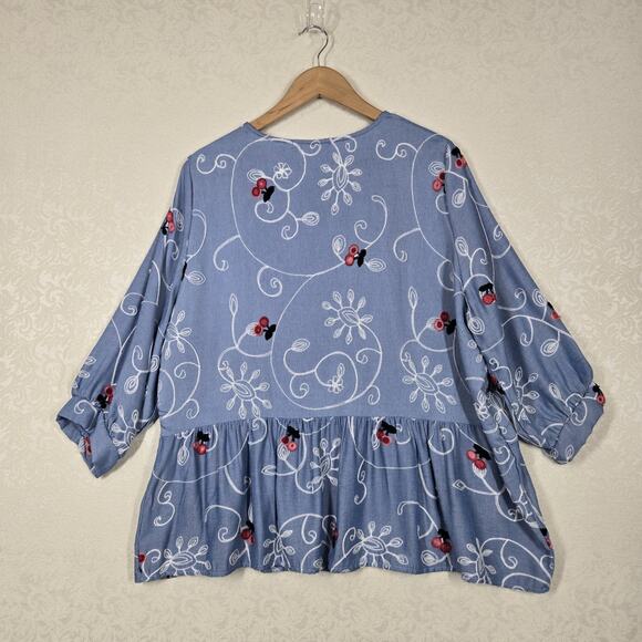 Ana Rose Babydoll Peasant Top sz 2X Blue Embroidered Flounced Ruffle Hem Boho - Picture 8 of 13